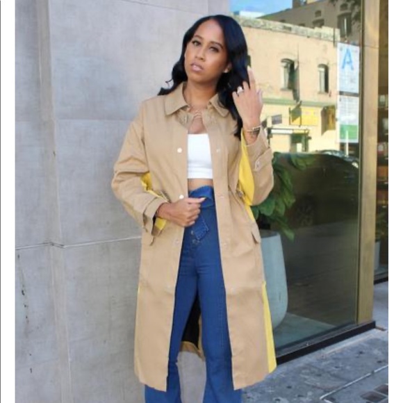 NWT Super Chic trench coat khaki w/yellow SZ L - Picture 6 of 9